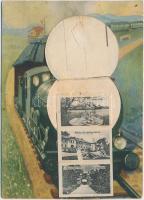 Hévíz, Vasutas grafikai leporello képeslap levágva / locomotive leporellocard (cut)