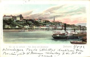 Budapest I. Királyi vár és várbazár, gőzhajók, litho (EK)