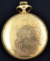 Aranyozott, régi mechanikus zsebóra E jelzéssel, hátlap nehezen nyílik, működik, d: 5 cm