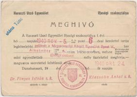 1940 A Haraszti Úszó Egyesület ifjúsági szakosztályának meghívója, pecséttel.