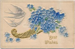 Best wishes / Floral greeting card, swallows, Emb.  (fa)