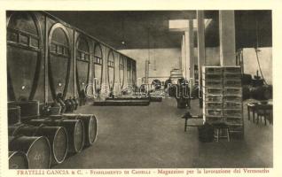 Canelli, Fratelli Gancia & C., 'Magazzino per la lavorazione dei Vermouths' / vermouth processing warehouse, from postcard booklet