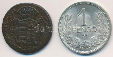 1763. Rézdénár "Mária Terézia" zárt korona + 1927. 1P Ag T:3,2
