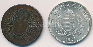 1763. Rézdénár "Mária Terézia" zárt korona + 1927. 1P Ag T:3,2