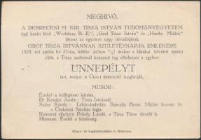 1929 Debrecen, A Verbőczy B.E. "Tisza" és "Horthy" törzse által kiadott meghívó a Gróf Tisza István születésnapja emlékére rendezett ünnepélyre