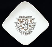 Aquincumi porcelán "Budapest Universiade 1965" feliratú tálka, jelzett, 12x12 cm