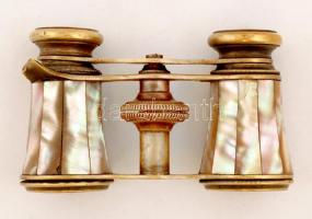 Gyöngyház berakásos színházi látcső, jelzés és tok nélkül, fogója letört, 9x6cm