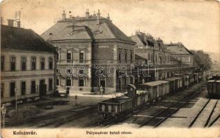 Kolozsvár, Cluj; vasútállomás, vonatok, kiadja Schuster Emil / railway station, trains (EK)