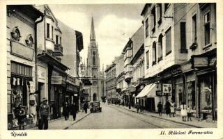 Újvidék, Novi Sad;  II. Rákóczi Ferenc utca, üzletek, kiadja Zima Károly és Társa / street, shops, automobile (EK)