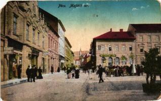 Pécs, Majláth tér, Hirschler Mór kereskedése, piac (EM)
