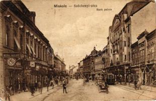 Miskolc, Széchenyi utca, Bank palota, villamos, műórás és ékszerész (EB)