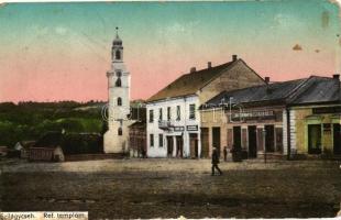 Szilágycseh, Cehu Silvaniei; Református templom, Lebovits Herman üzlete, Krémer Ignác kiadása  / Calvinist  church, shops (EK)