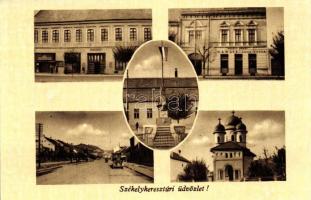 Székelykeresztúr, Cristuru Secuiesc; Országzászló, Hangya szövetkezet, Ortodox templom, utca automobillal / National flag, cooperative, church, street with automobile