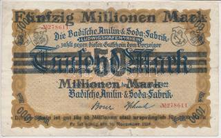 Németország / Weimari Köztársaság / Badeni Anilin- és Szódagyár 1922. 1000M "50 Millionen Mark" felülbélyegzéssel T:III Germany / Weimar Republic / Badische Anilin- und Soda-Fabrik  (Baden Aniline and Soda Factory) 1922. 1000 Mark with "50 Millionen Mark" overprint C:F
