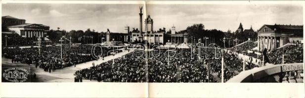 1938 Budapest XIV. Hősök tere, XXXIV. Nemzetközi Eucharisztikus kongresszus, mise; panoramacard, nem jó helyen összehajtva, kiadja Dely-foto (kis szakadás / small tear)