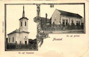 Naszód, Nasaud; Evangélikus református templom és bérház, kiadja Piros A. / church, tenement house, floral  (b)