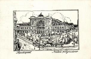 Budapest VII. Keleti pályaudvar, villamos, rézkarc