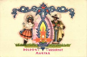 Boldog Húsvétot Magyar / Easter greeting card, couple in traditional dress, s: Bozó Gyula (fa)