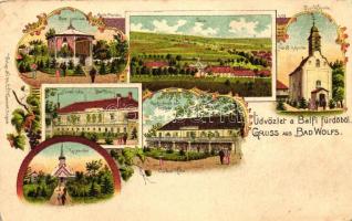 Balf-fürdő, Zenepavilon, Fürdő kápolna, Gyógyfürdő-ház szálloda, Tej pavilon, Kummert floral, Art Nouvea litho (EK)