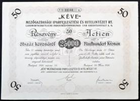 Budapest 1924. "KÉVE Mezőgazdasági Iparfejlesztési és Hitelintézet Rt." részvénye 25.000K-ról, szárazpecséttel és szelvényekkel T:II-,III