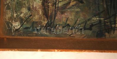 Saly Németh László (1920-2001): Asszonyok a földeken. Olaj, farost, jelzett, üvegezett keretben, 33×...