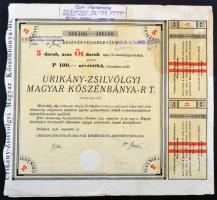 Budapest 1946. "Urikány-Zsilvölgyi Magyar Kőszénbánya-Részvénytársaság" 2db részvényelismervény egyenként 100P névértékű részvényről, mindkettő szelvényekkel, felülbélyegzésekkel és szárazpecséttel T:III,III-