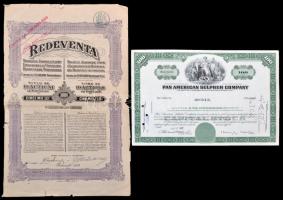Amerikai Egyesült Államok / New York 1961. Pánamerikai Kén Részvénytársaság" részvényelismervény 100$-ról, lyukasztott, felülbélyegzett + Románia / Bukarest 1923. "Redeventa" részvény 5000L-ről, felülbélyegzésekkel és szelvényekkel T:II-,III- United States of America / New York 1961. "Pan American Sulphur Company" certificate about 100 Dollars, with overprint and holes + Romania / Bucharest 1923. "Redeventa Societate Anonima Pentru Exploatarea Si Comertul Produselor Subsolului" share about 500 Lei, with overprints and coupons C:VF,VG
