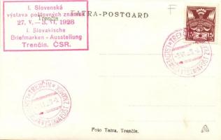 1928 Trencsén, Trencin; vár és a város látképe, hátoldalon az első Szlovák Bélyegkiállítás pecsétjév...