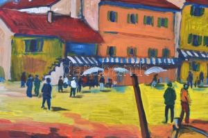 Vén jelzéssel: Mediterrán város . Olaj, farost, 42×58 cm