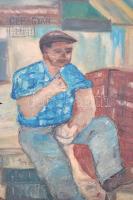 Jelzés nélkül: Falatozó munkás. Olaj, vászon, sérült, keretben, 50×40 cm