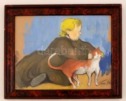 Vörös jelzéssel: Kisfiú a cicával. Tempera, papír, üvegezett keretben, 23×30 cm