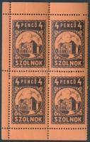 1930 Szolnok városi illetékbélyeg 4P négyestömb, 10 1/2 fogazás, hiányos perforáció (28.000)