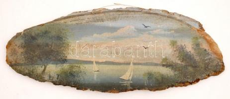 Jelzés nélkül: Balatoni vitorlások. Olaj, fa, sérült, 37×14 cm