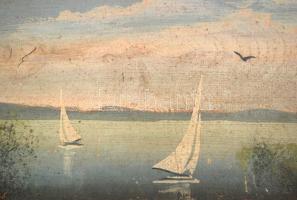 Jelzés nélkül: Balatoni vitorlások. Olaj, fa, sérült, 37×14 cm