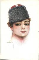 Italian art postcard, Lady in soldiers hat, P.F.B. No. 3892/4, s: Usabal