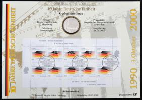 Németország 2000D 10M Ag "Az újraegyesítés 10. évfordulója" nagyalakú bélyeges emléklapon T:PP  Germany 2000D 10 Mark Ag "10th Anniversary of Reunification" coin with stamps on decorative sheet C:PP