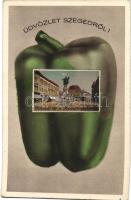 Szeged, Klauzál tér a Kossuth-szoborral; paprikás képeslap, Kocsis Nándor kiadása