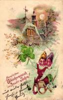 Herzlichen Glückwunsch zum neuen Jahre! / New Year, Dwarves on sledge, clover, floral, litho, Emb. (b)
