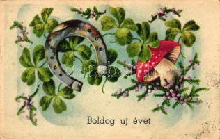 New Year greeting card, mushroom, clover, horseshoe, Rokat No. 1311 (EK)