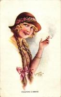 Enjoying a smoke / Lady with cigarette, The Carlton Publishing Co. Series No. 707/6., s: Laurence Milller