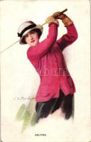 'Golfing' / Lady with golf club, The Carlton Publishing Co. Series No. 704/4., s: C.W. Barber (EK)