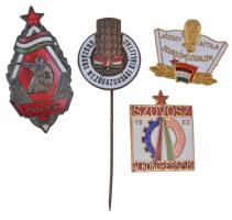 4db klf zománcozott szocialista jelvény és kitűző, közte ~1950. "MSZHSZ (Magyar Szabadságharcos Szövetség)" motoros zománcozott Br jelvény, ~1970. "Országos Mezőgazdasági Kiállítás" zománcozott Br kitűző T:2