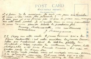 Japán gésák egy rejtőzködő férfi társaságában, hátoldalon francia nyelvű írás a képen zajló kerti mu...