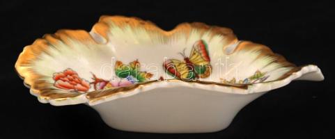 Herendi Viktória mintás leveles tálka, kézzel festett, jelzett, hibátlan, 15×8 cm