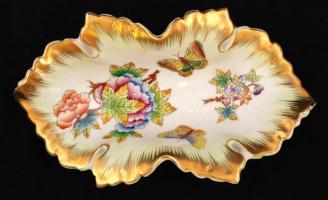 Herendi Viktória mintás leveles tálka, kézzel festett, jelzett, hibátlan, 15×8 cm
