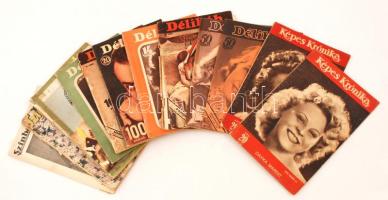 1938-1944 12 db háború előtti, színészekkel, filmekkel foglalkozó újság: 1 db Színház és Divat, 2 db Képes Krónika, 7 db Délibáb, 2 db Színházi Élet
