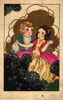 Italian art postcard, child couple, golden decoration, Traloi-Milano No. 201 (EB)