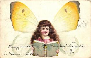 Girl with fairy wings, reading a book; litho (EK)
