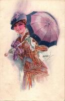 Italian art postcard, Lady in purple with umbrella, Erkal Künstler Serie No. 305/3 s: Usabal (fa)
