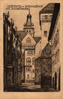 Chemnitz, Rathaushof mit Jacobkirche / Town hall square with St. Jacobi church, etching (EB)